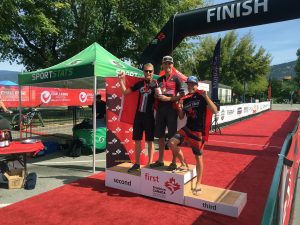 Comox Valley triathletes Clay Ward (C), Derek Vinge (L) and Tyler McCallan (R) finished first, second and third, respectively at the Canadian National Cross Triathlon Championships last weekend in Penticton.